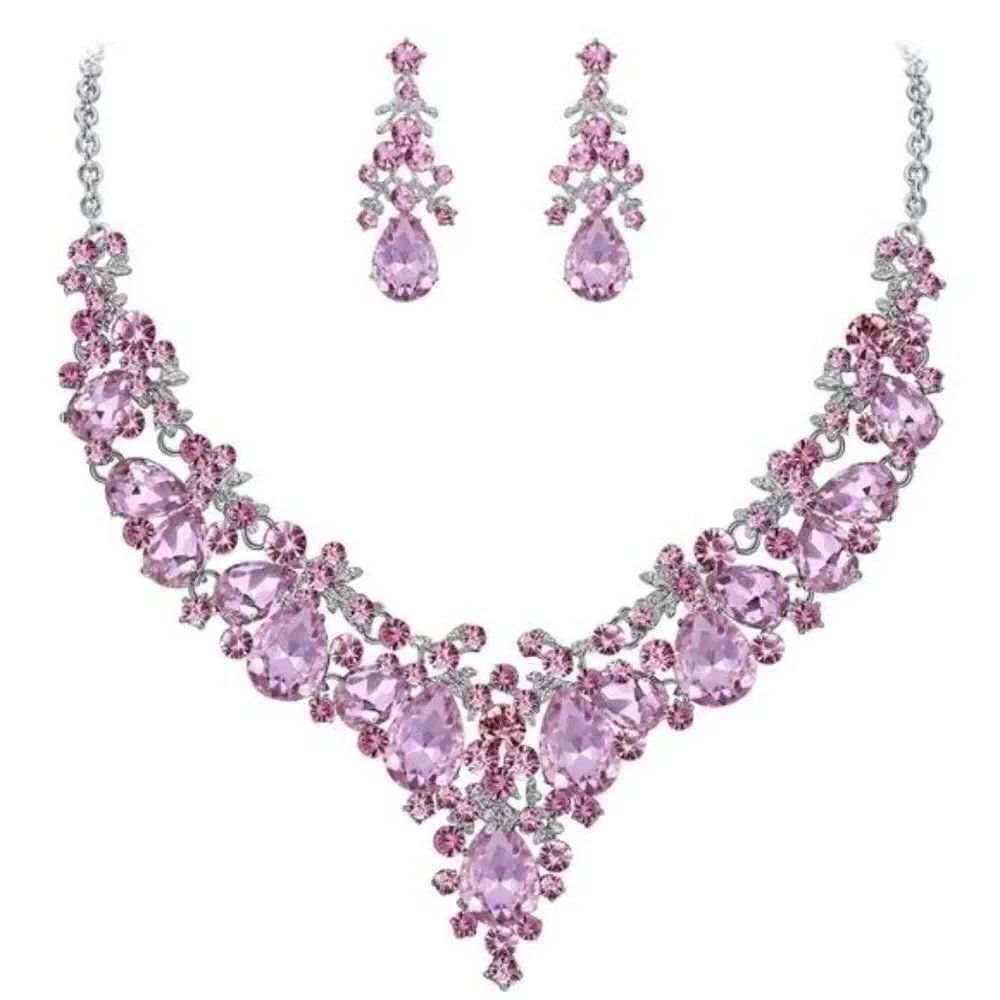 Silver Pink Sapphire & Diamond Austrian Crystal Floral Necklace & Earrings Set